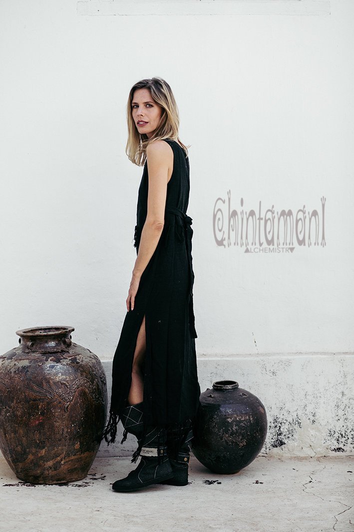 Long Boho Maxi Raw Cotton Fringe Dress with Side Slit / Chakruna Black - ChintamaniAlchemi