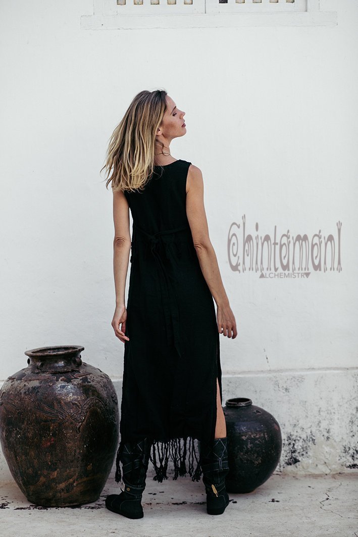 Long Boho Maxi Raw Cotton Fringe Dress with Side Slit / Chakruna Black - ChintamaniAlchemi