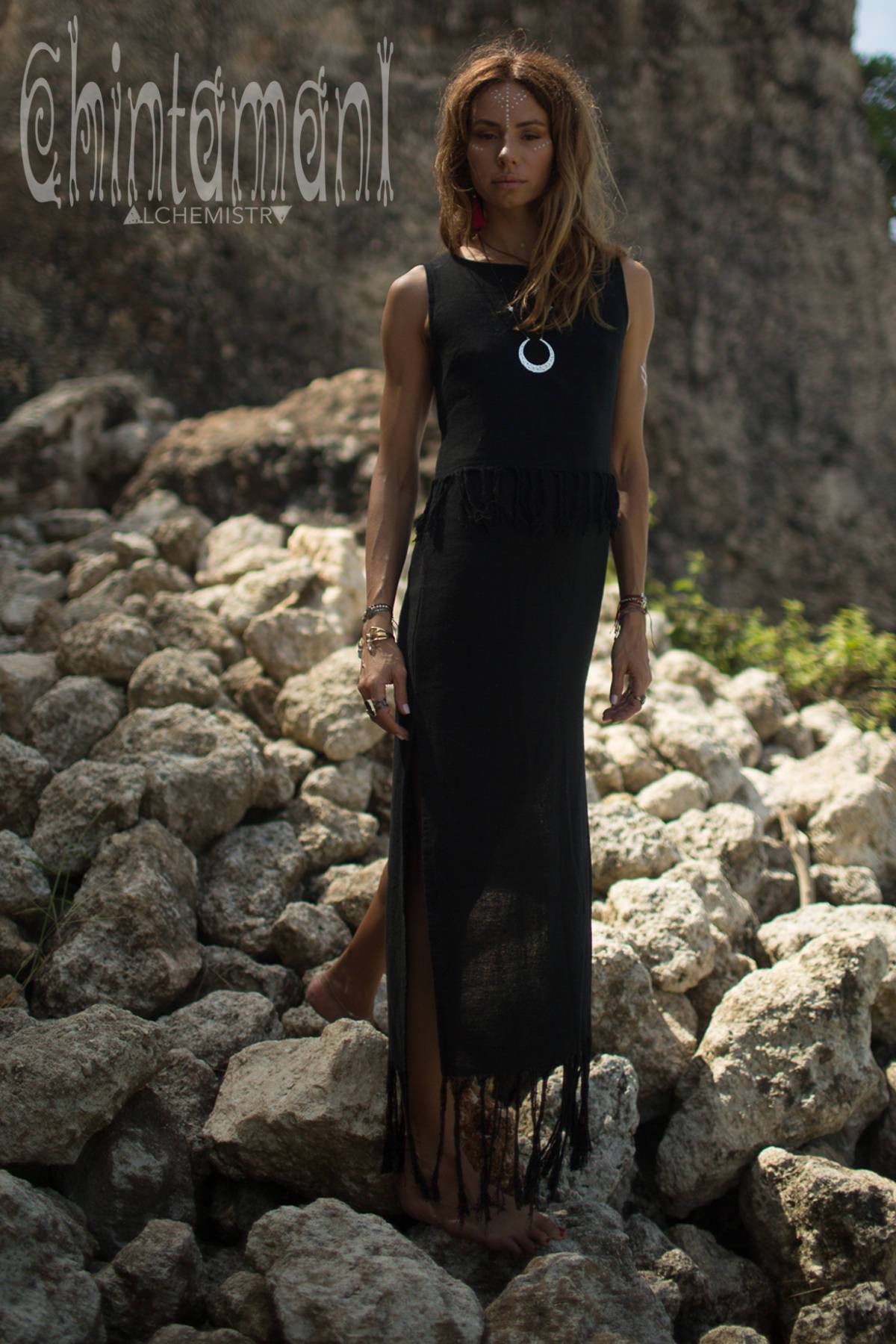 Long Boho Maxi Raw Cotton Fringe Dress with Side Slit / Chakruna Black - ChintamaniAlchemi