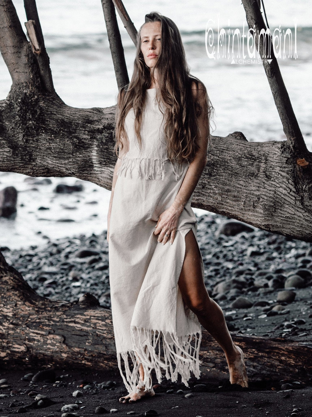 Long Boho Maxi Raw Cotton Fringe Dress with Side Slit / Chakruna Off White - ChintamaniAlchemi