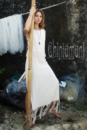 Long Boho Maxi Raw Cotton Fringe Dress with Side Slit / Chakruna Off White - ChintamaniAlchemi