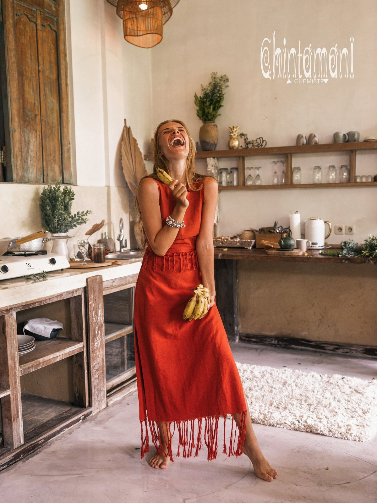 Long Boho Maxi Raw Cotton Fringe Dress with Side Slit / Chakruna Red Ochre - ChintamaniAlchemi