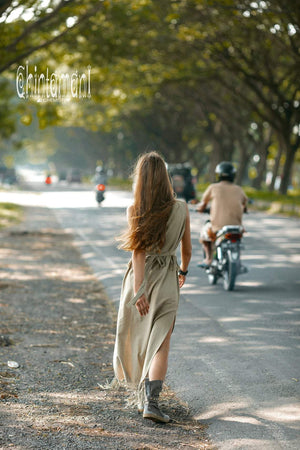 Long Boho Maxi Raw Cotton Fringe Dress with Side Slit / Chakruna Sage - ChintamaniAlchemi