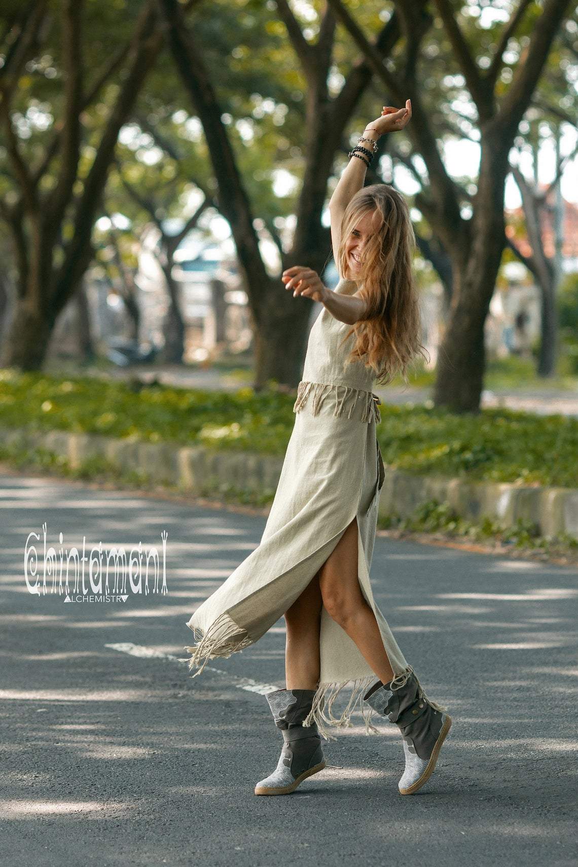 Long Boho Maxi Raw Cotton Fringe Dress with Side Slit / Chakruna Sage - ChintamaniAlchemi