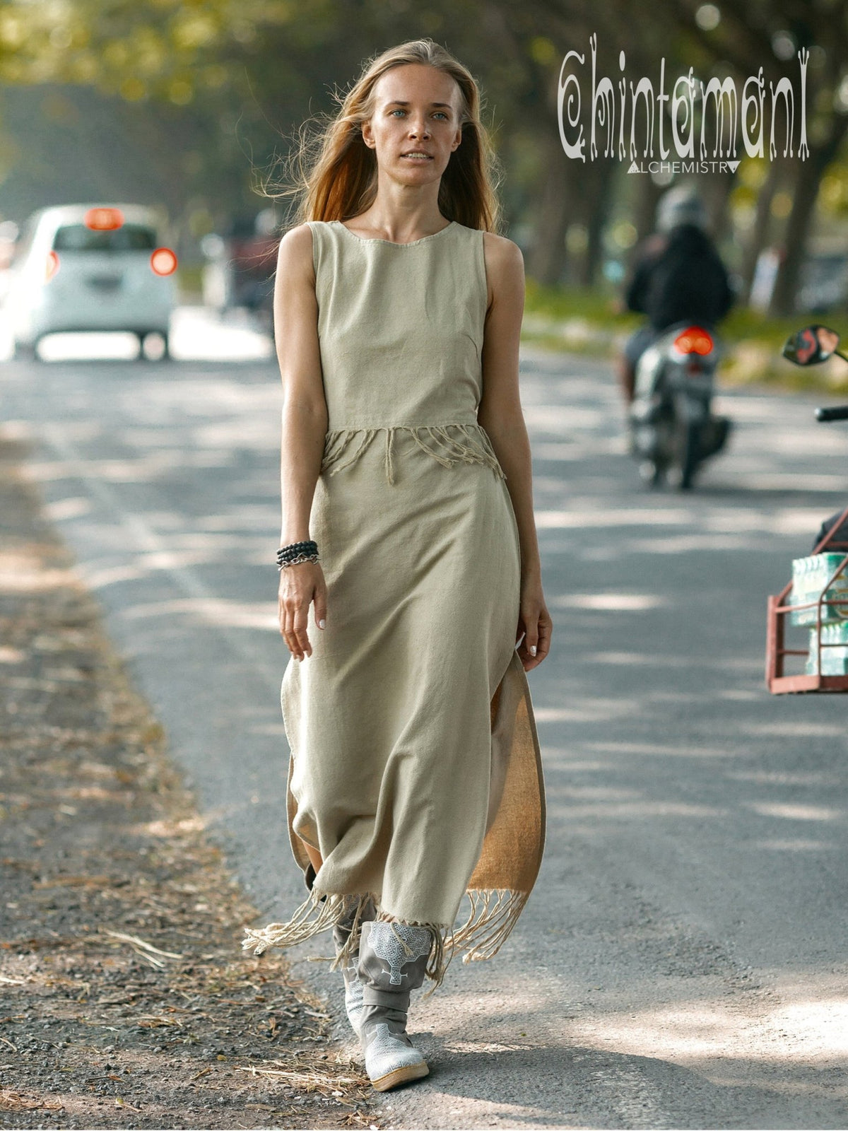 Long Boho Maxi Raw Cotton Fringe Dress with Side Slit / Chakruna Sage - ChintamaniAlchemi