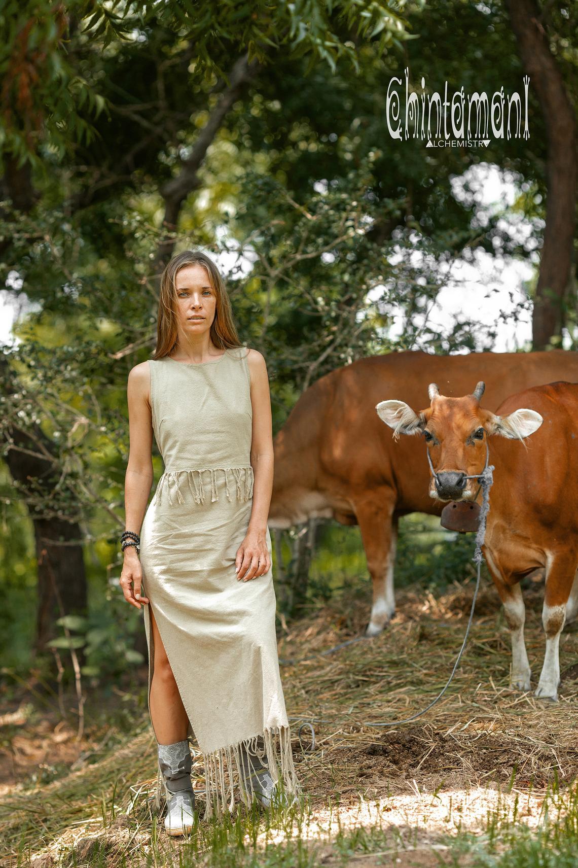 Long Boho Maxi Raw Cotton Fringe Dress with Side Slit / Chakruna Sage - ChintamaniAlchemi