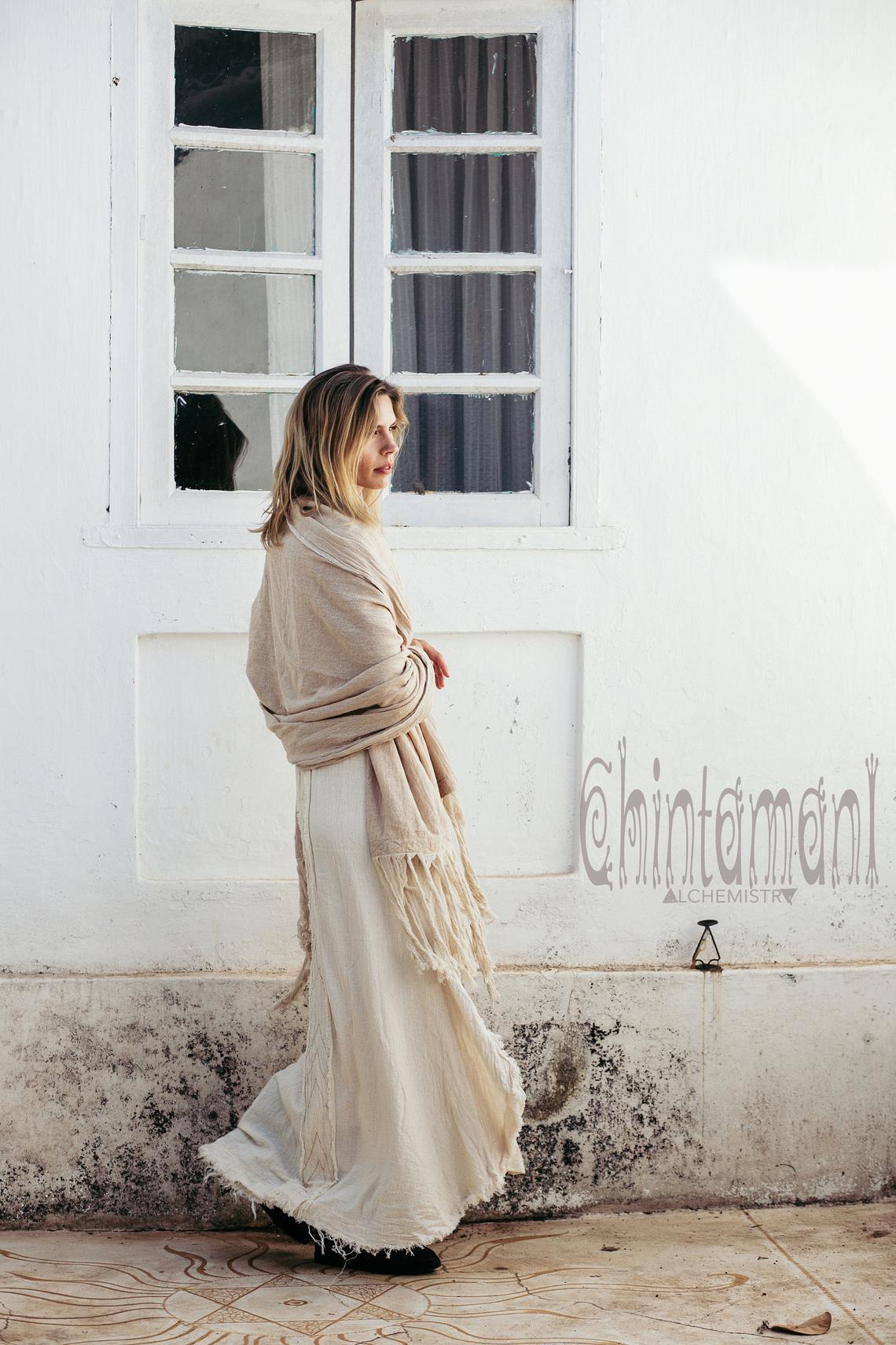 Long Fringe Boho Shawl / Bohemian Scarf Wrap / Beige - ChintamaniAlchemi