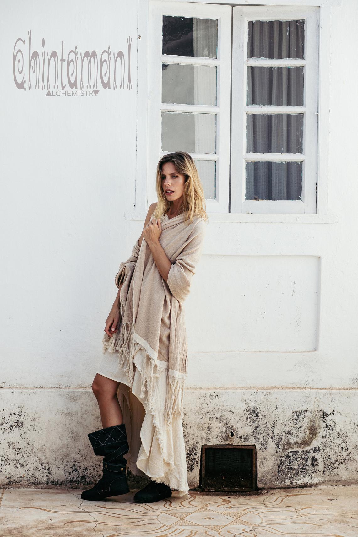 Long Fringe Boho Shawl / Bohemian Scarf Wrap / Beige - ChintamaniAlchemi