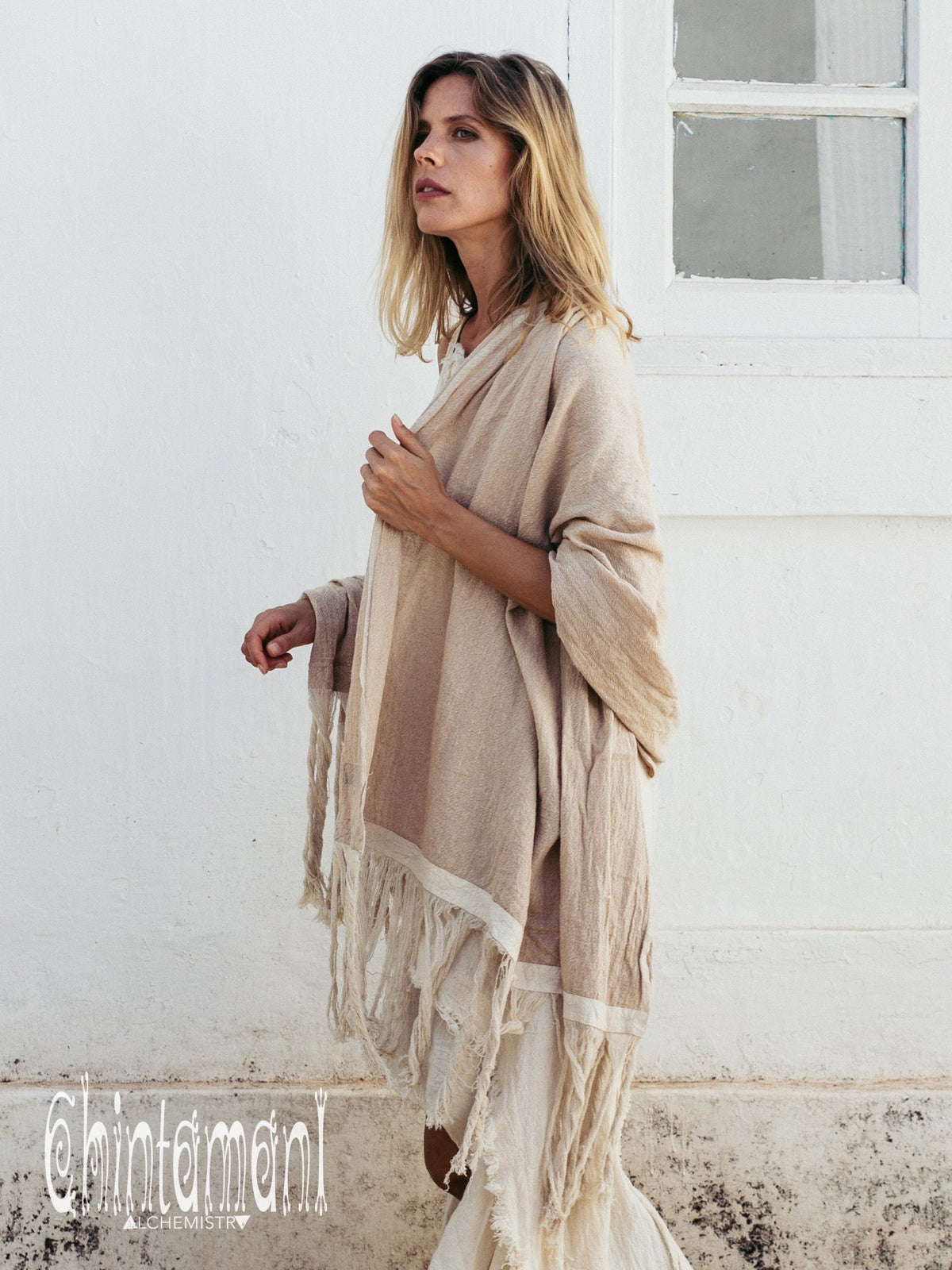 Long Fringe Boho Shawl / Bohemian Scarf Wrap / Beige - ChintamaniAlchemi