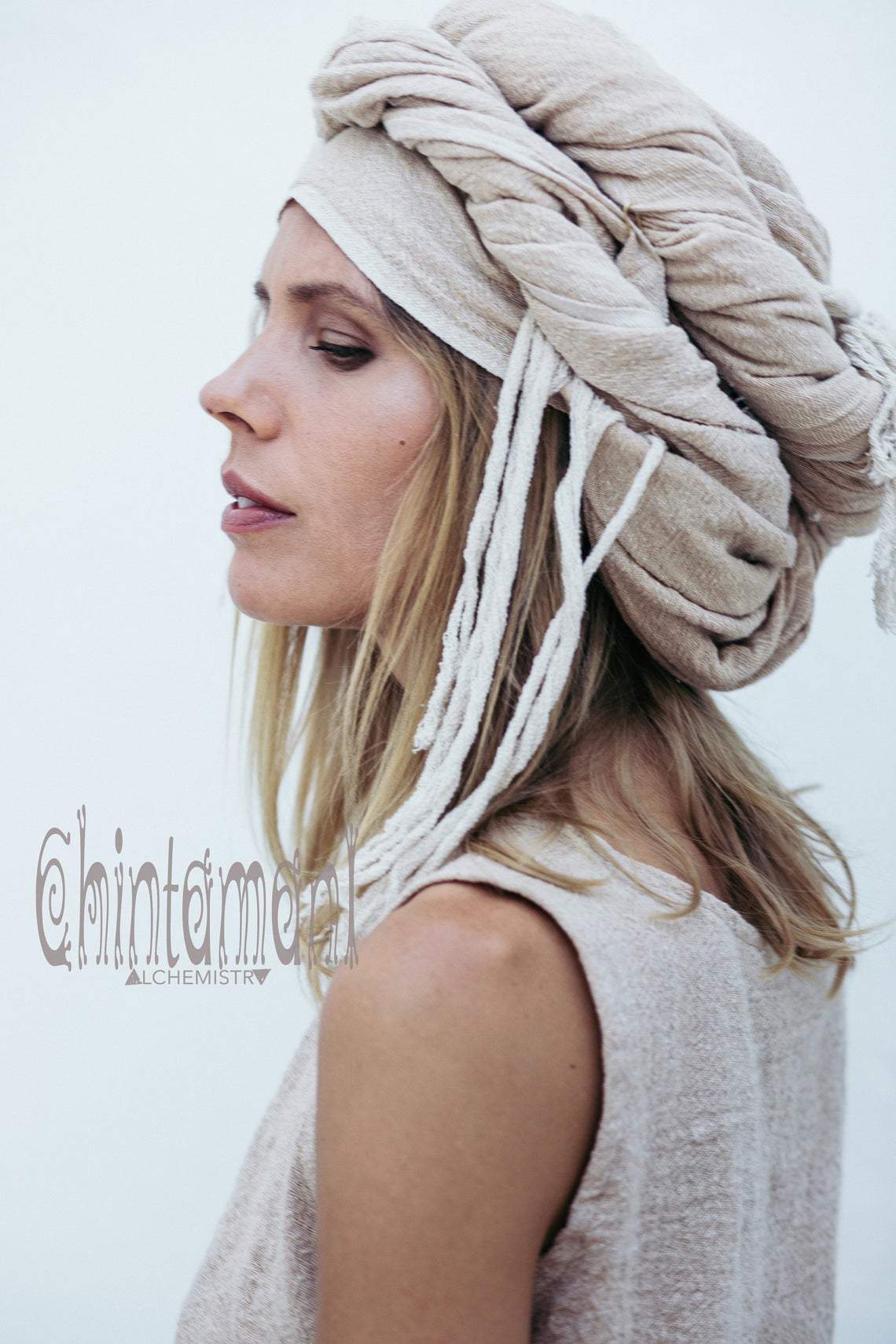 Long Fringe Boho Shawl / Bohemian Scarf Wrap / Beige - ChintamaniAlchemi