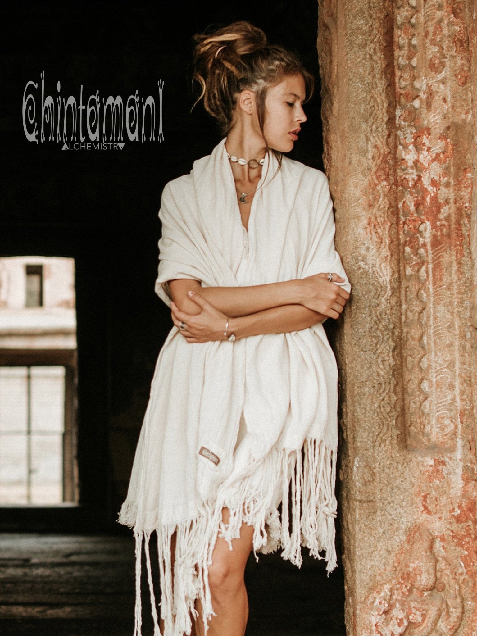 Long Fringe Boho Shawl / Bohemian Scarf Wrap / Off White - ChintamaniAlchemi