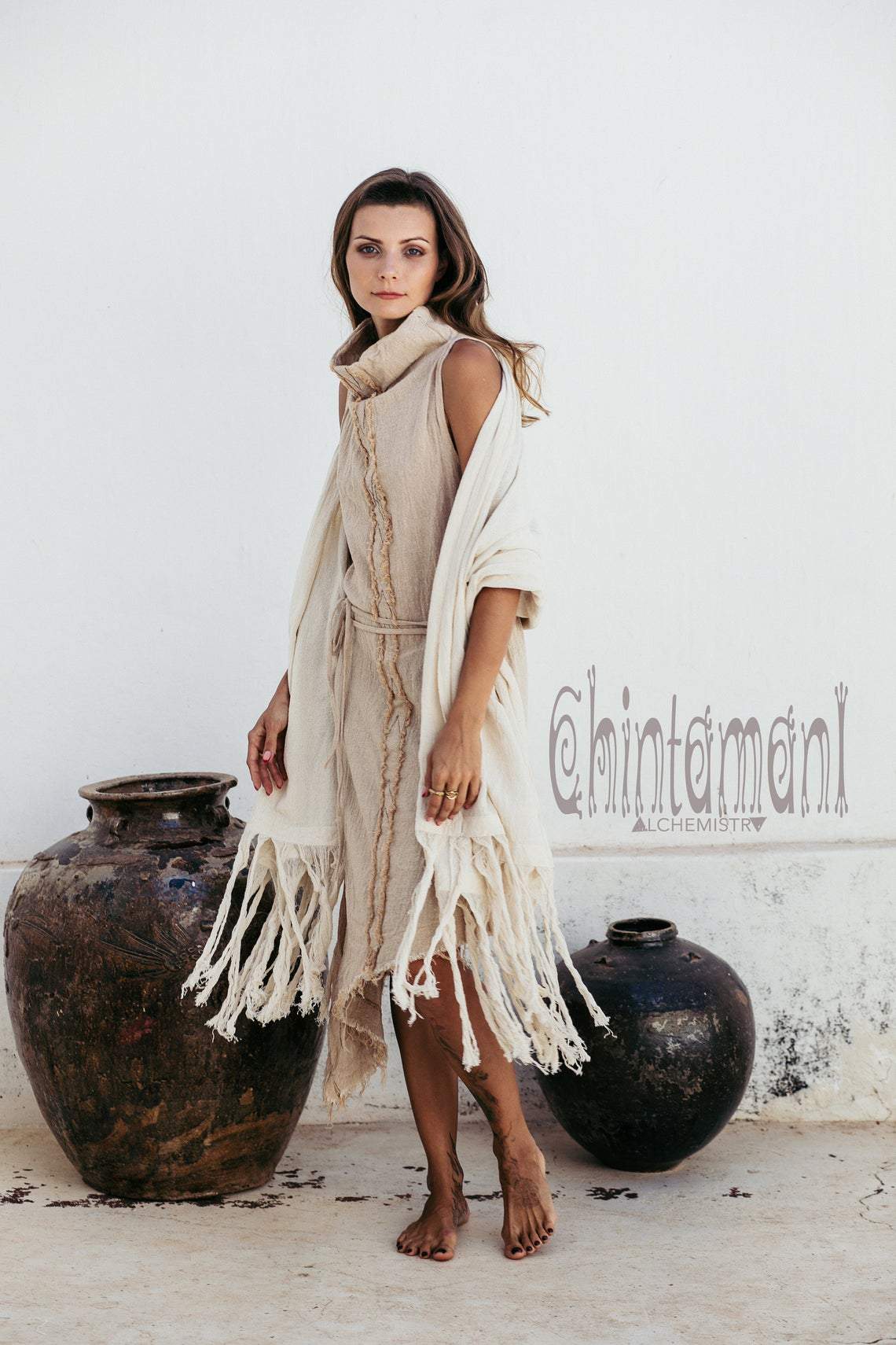 Long Fringe Boho Shawl / Bohemian Scarf Wrap / Off White - ChintamaniAlchemi