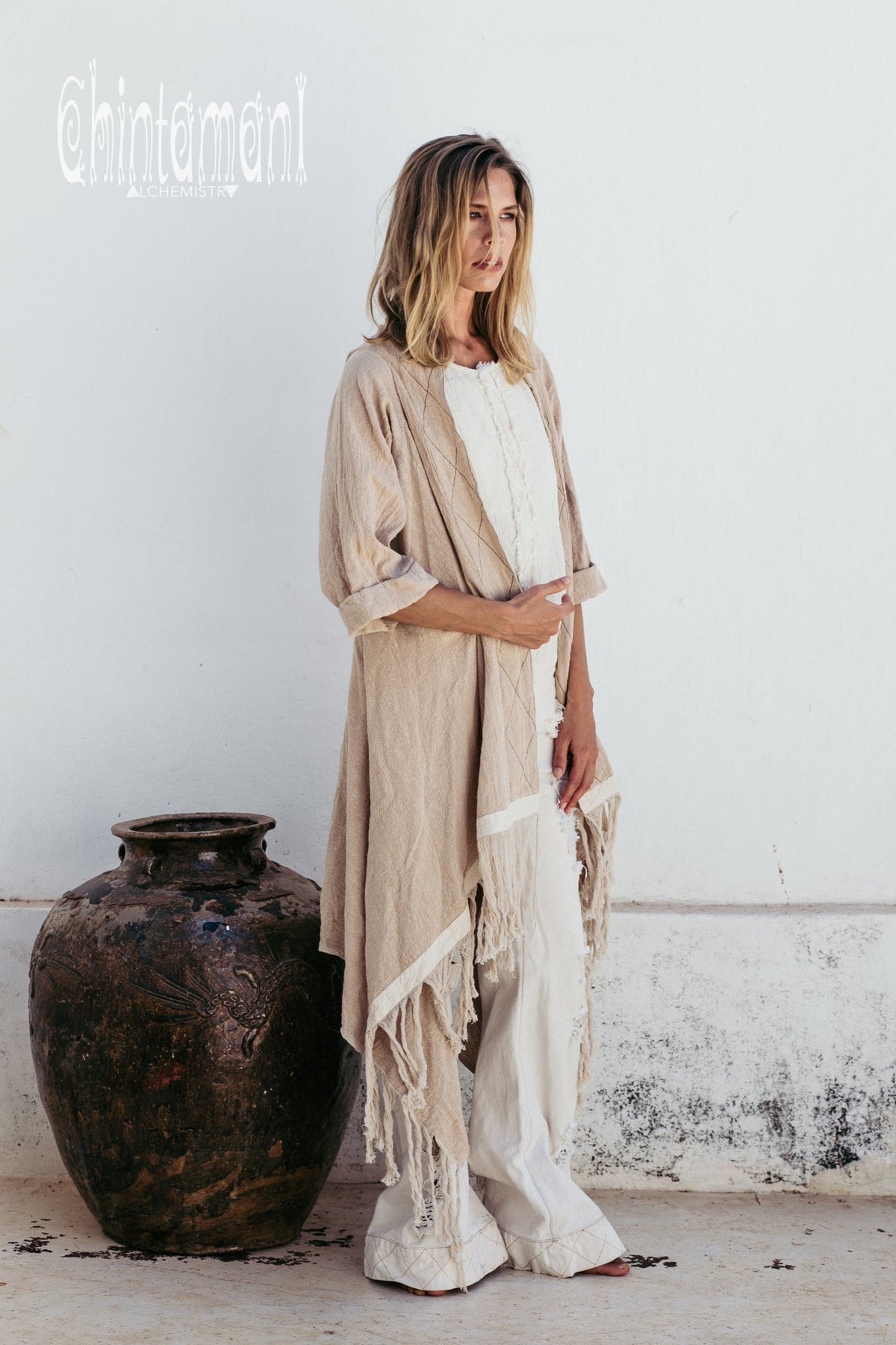 Long Fringe Kimono Wrap Cardigan for Women / Aroha Tino Beige - ChintamaniAlchemi