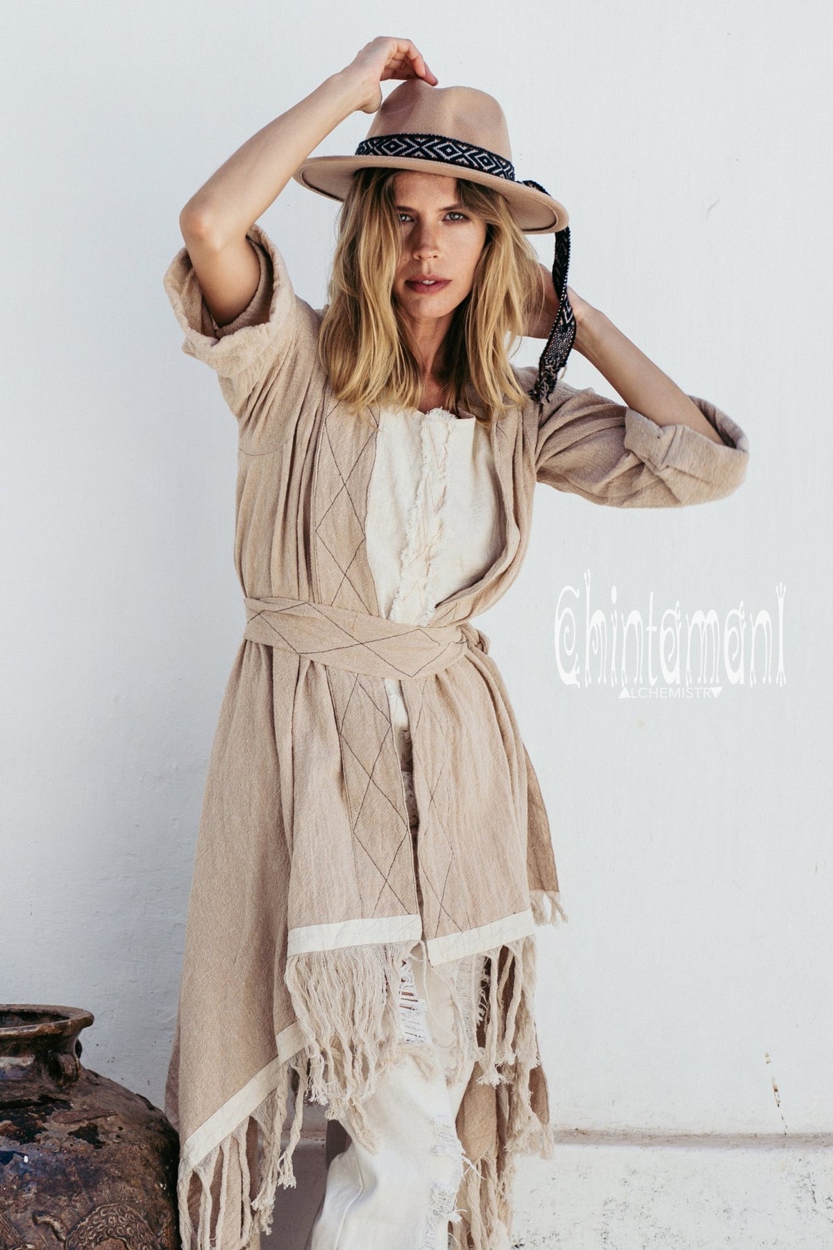 Long Fringe Kimono Wrap Cardigan for Women / Aroha Tino Beige - ChintamaniAlchemi