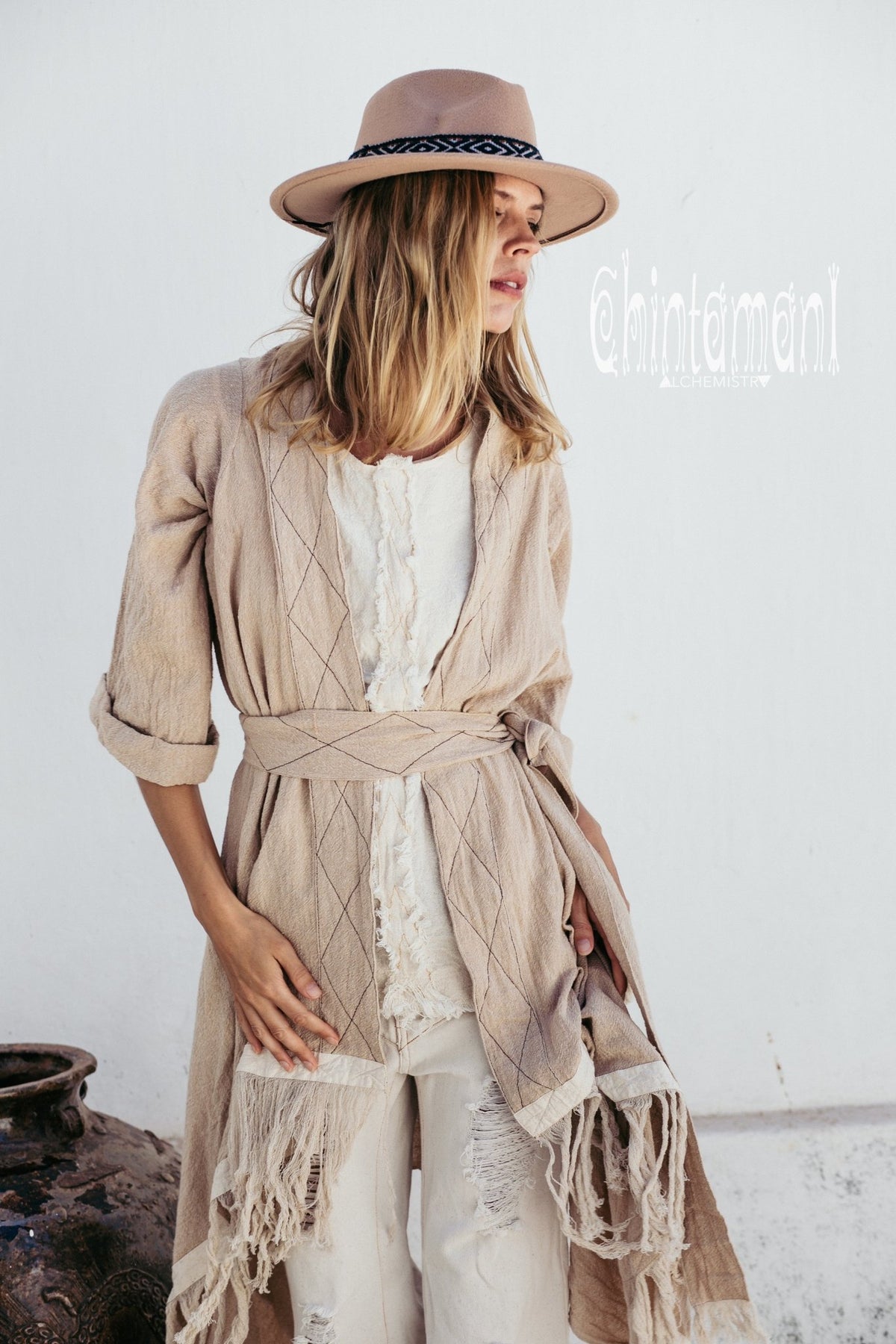 Long Fringe Kimono Wrap Cardigan for Women / Aroha Tino Beige - ChintamaniAlchemi