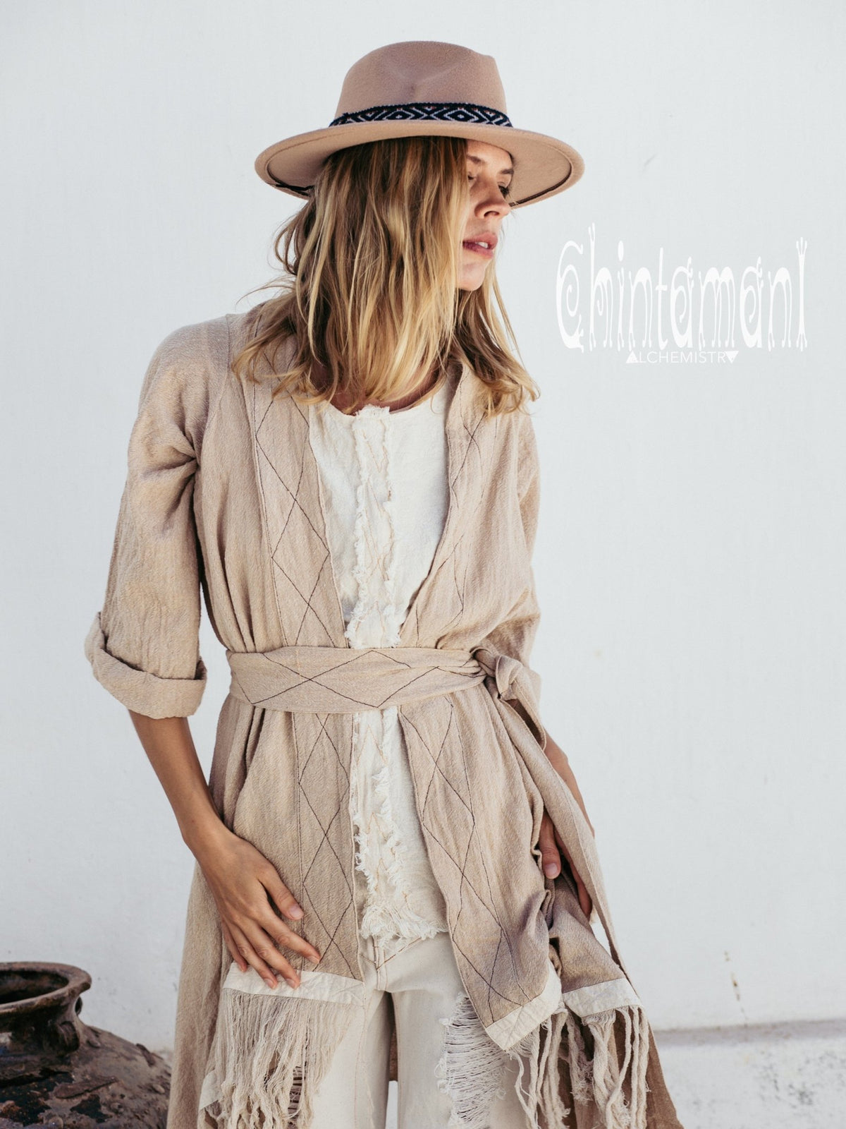 Long Fringe Kimono Wrap Cardigan for Women / Aroha Tino Beige - ChintamaniAlchemi