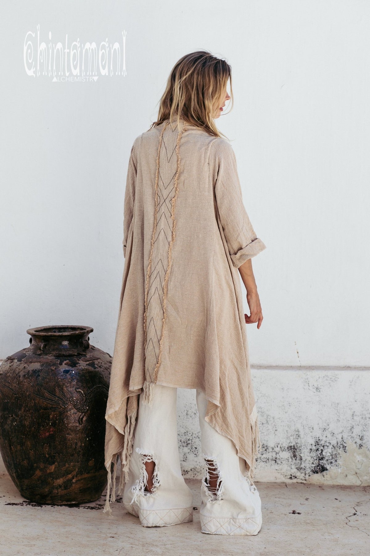 Long Fringe Kimono Wrap Cardigan for Women / Aroha Tino Beige - ChintamaniAlchemi