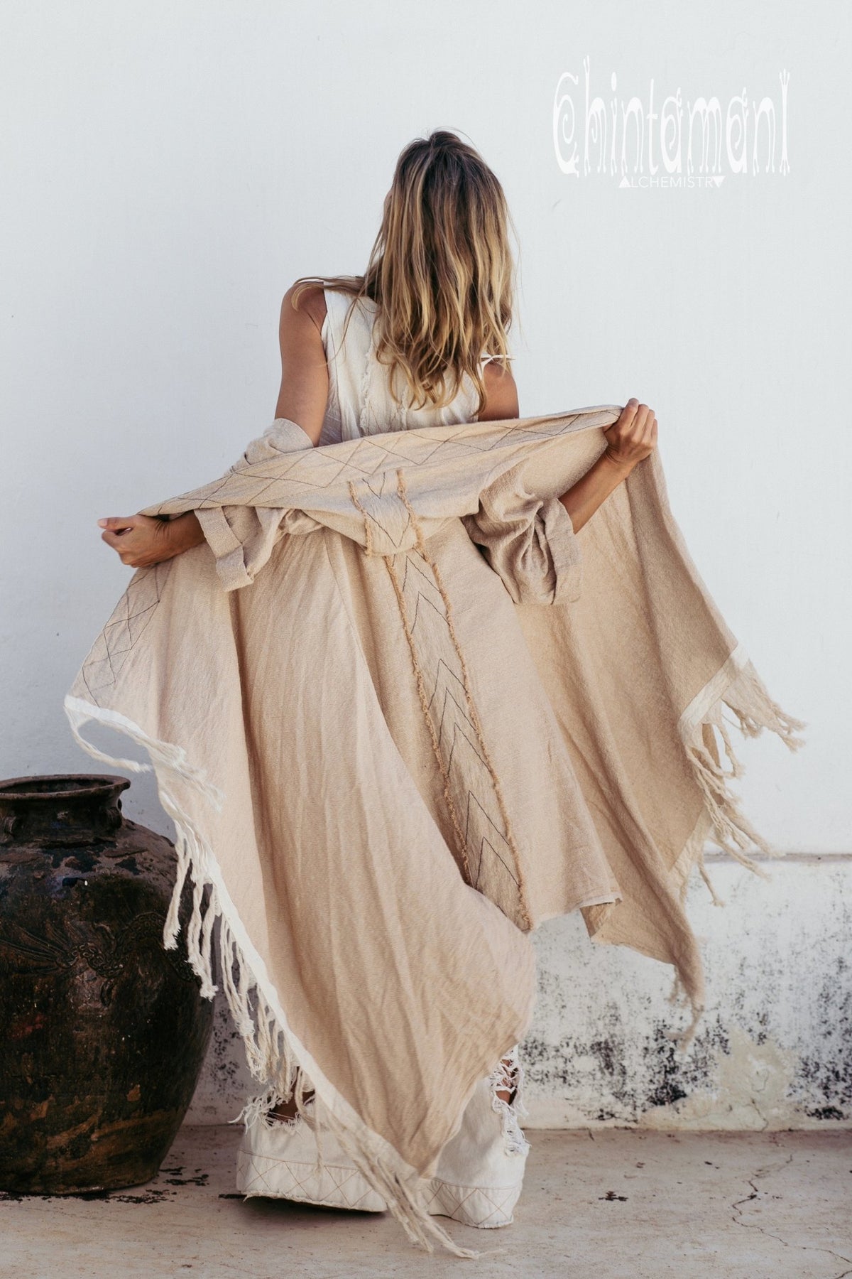 Long Fringe Kimono Wrap Cardigan for Women / Aroha Tino Beige - ChintamaniAlchemi