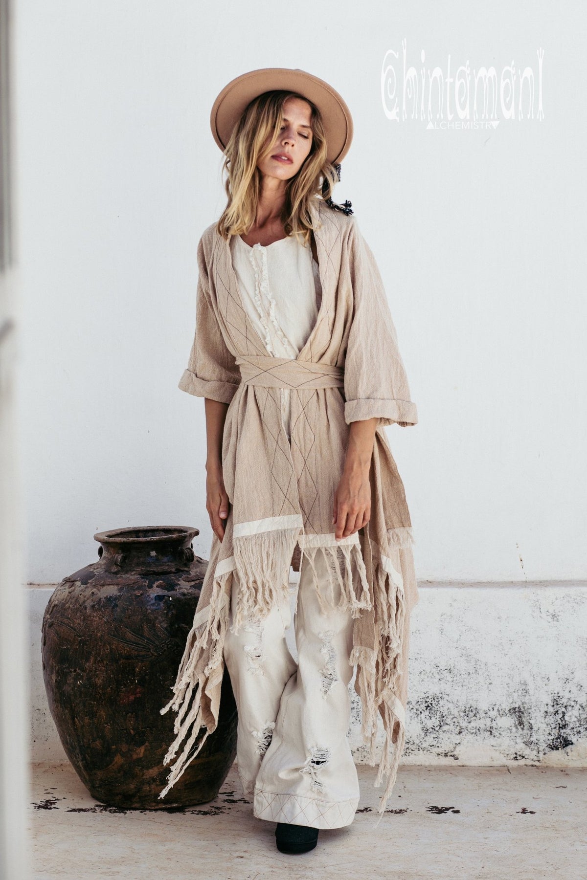 Long Fringe Kimono Wrap Cardigan for Women / Aroha Tino Beige - ChintamaniAlchemi