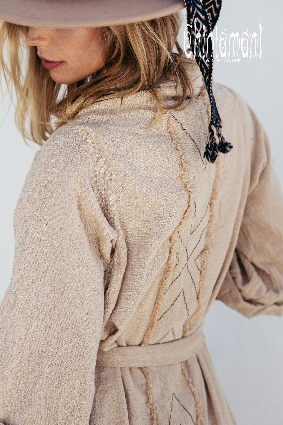 Long Fringe Kimono Wrap Cardigan for Women / Aroha Tino Beige - ChintamaniAlchemi