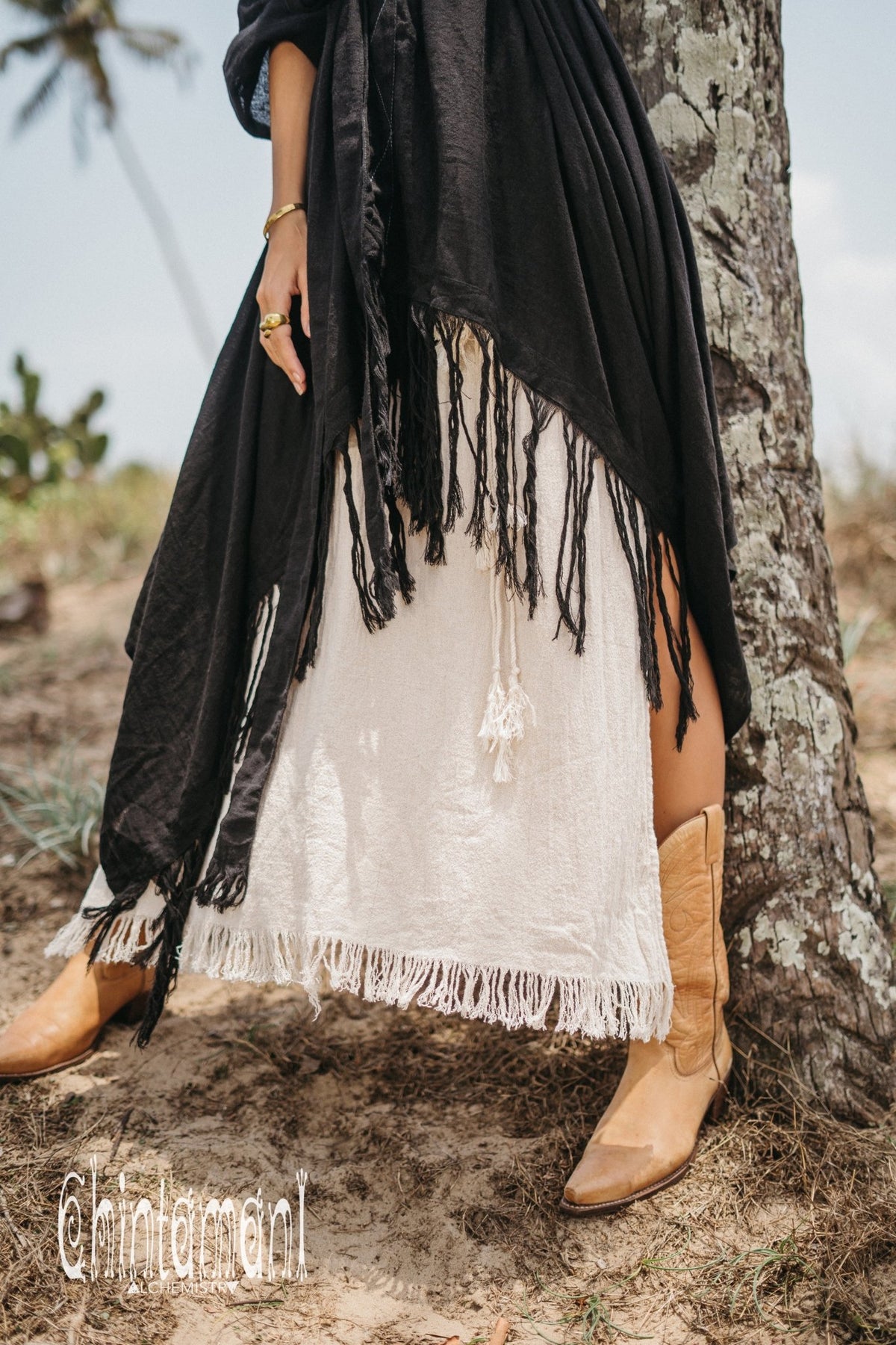 Long Fringe Kimono Wrap Cardigan for Women / Aroha Tino Black - ChintamaniAlchemi