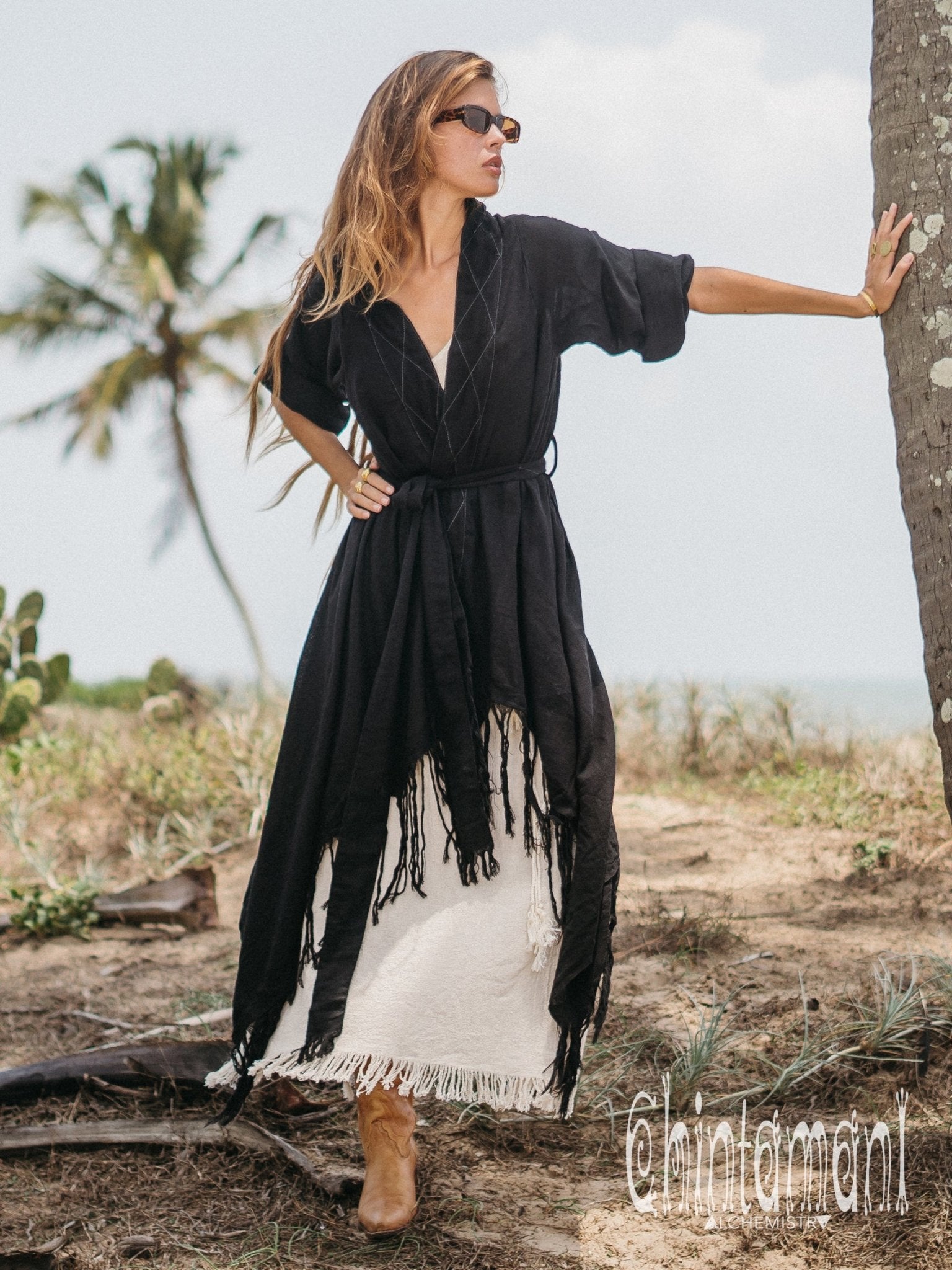 Long Fringe Kimono Wrap Cardigan for Women / Aroha Tino Black - ChintamaniAlchemi