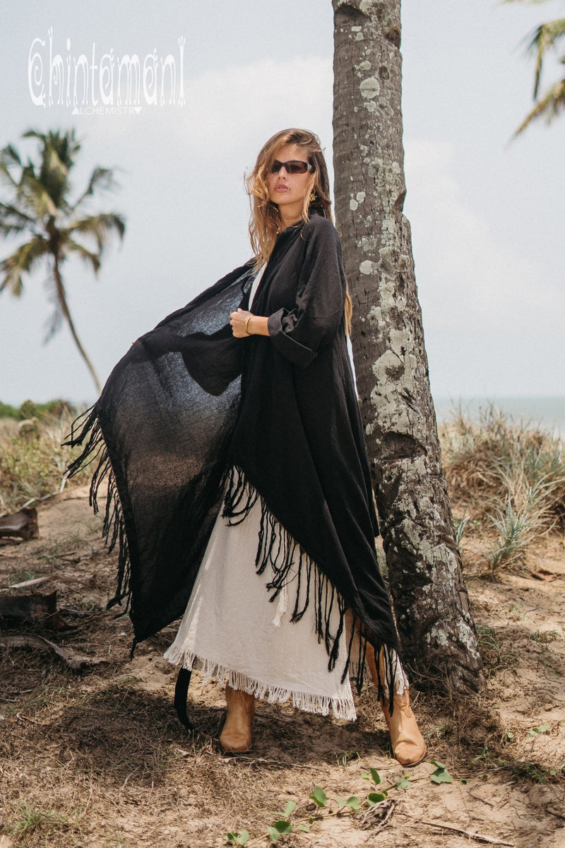 Long Fringe Kimono Wrap Cardigan for Women / Aroha Tino Black - ChintamaniAlchemi