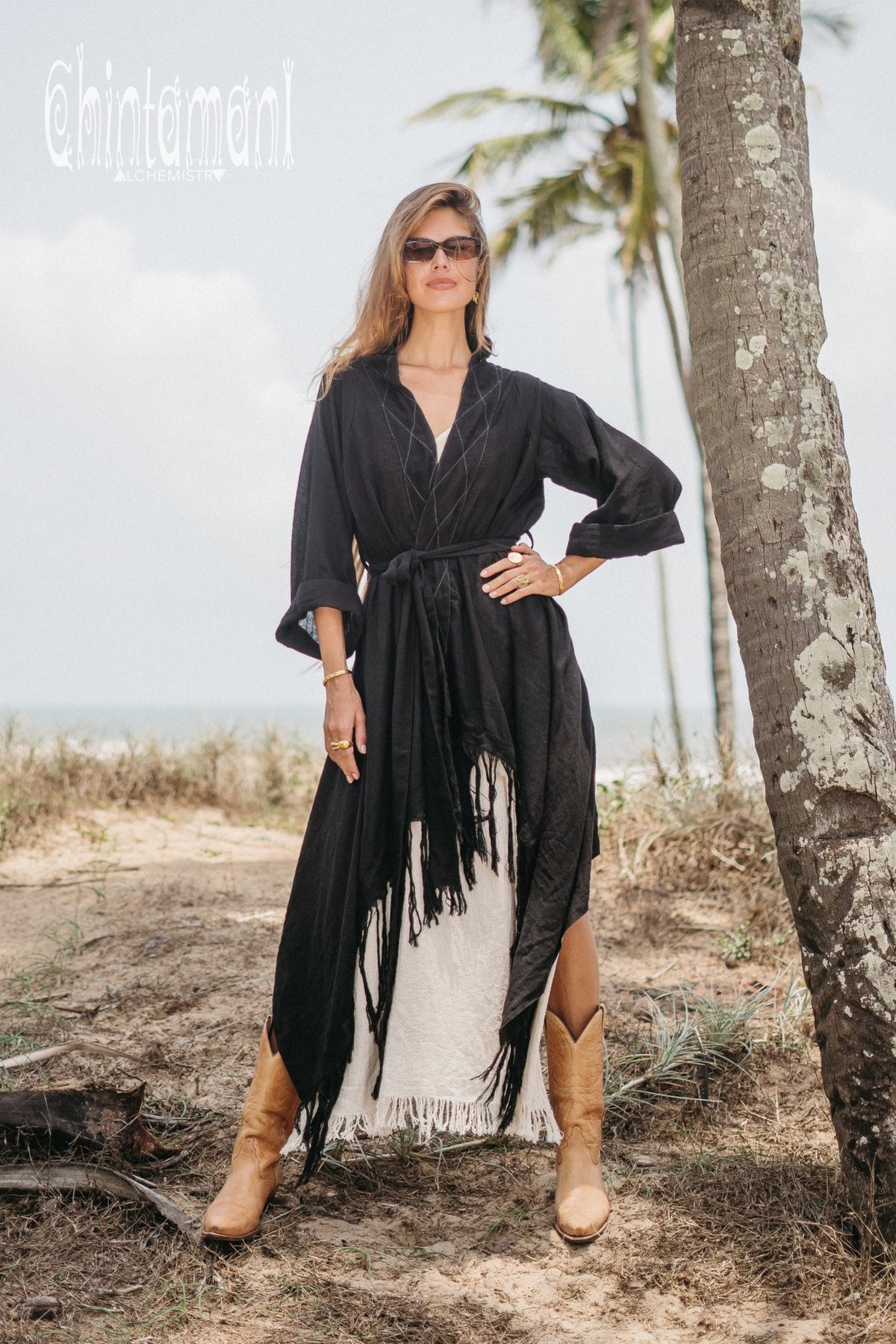 Long Fringe Kimono Wrap Cardigan for Women / Aroha Tino Black - ChintamaniAlchemi