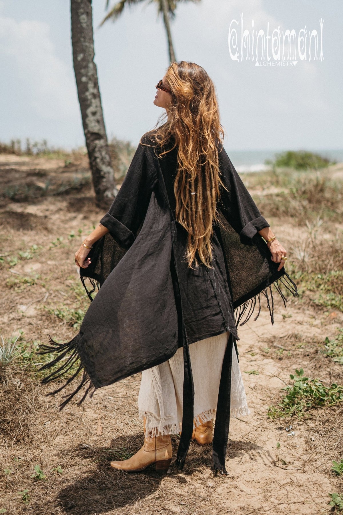 Long Fringe Kimono Wrap Cardigan for Women / Aroha Tino Black - ChintamaniAlchemi