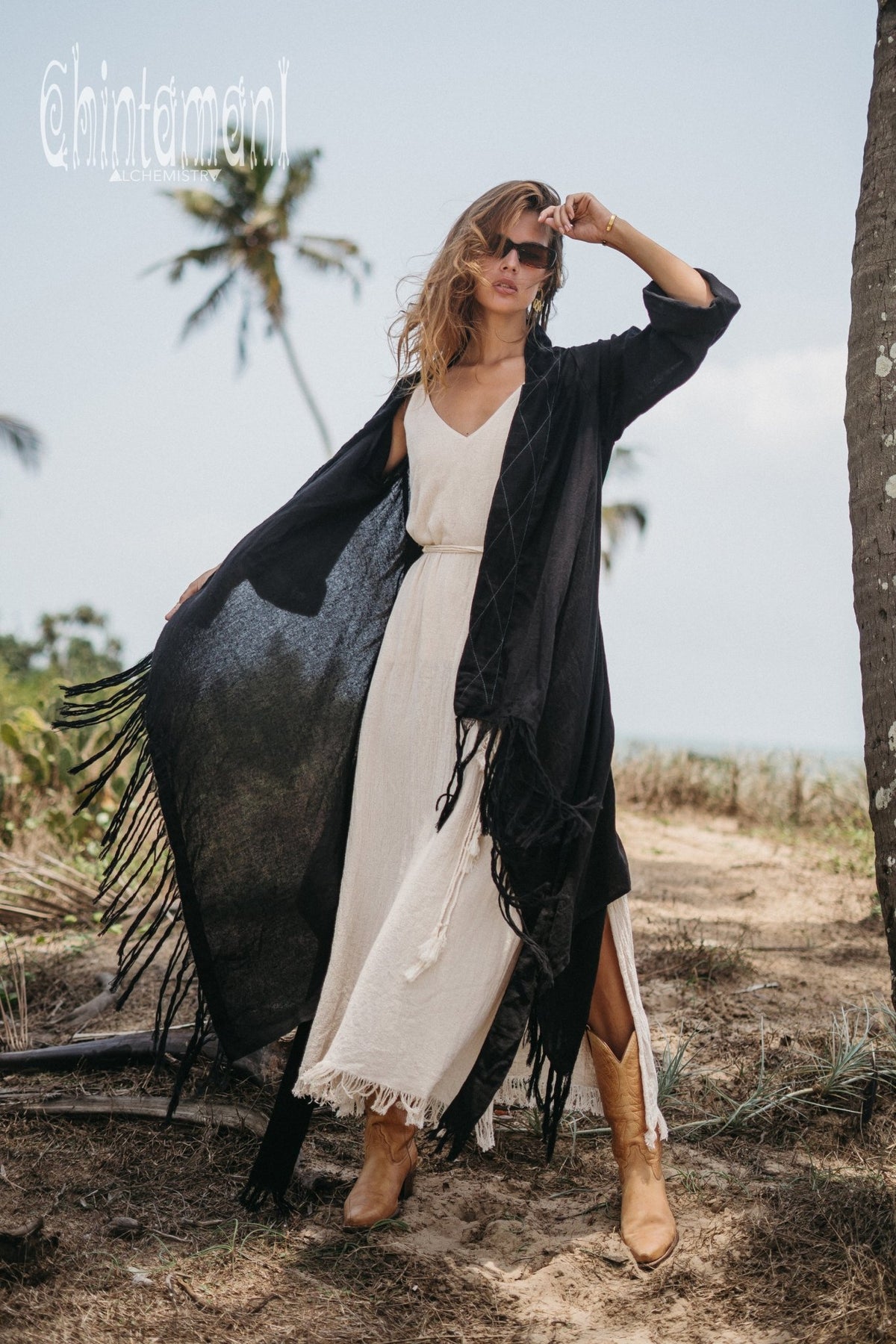 Long Fringe Kimono Wrap Cardigan for Women / Aroha Tino Black - ChintamaniAlchemi