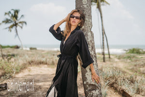 Long Fringe Kimono Wrap Cardigan for Women / Aroha Tino Black - ChintamaniAlchemi