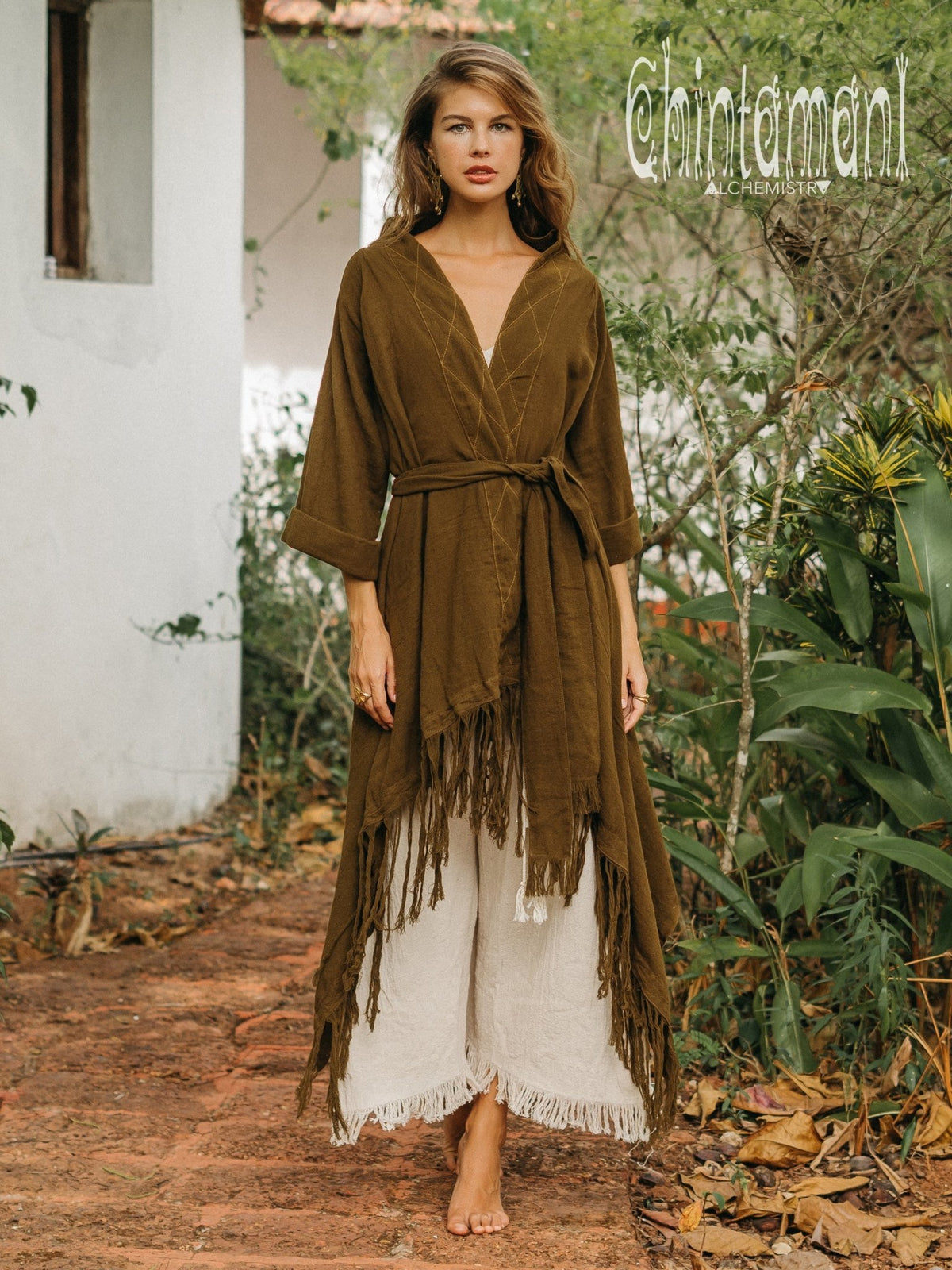 Long Fringe Kimono Wrap Cardigan for Women / Aroha Tino Brown - ChintamaniAlchemi