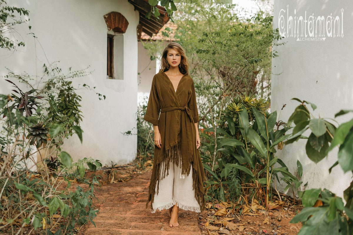 Long Fringe Kimono Wrap Cardigan for Women / Aroha Tino Brown - ChintamaniAlchemi