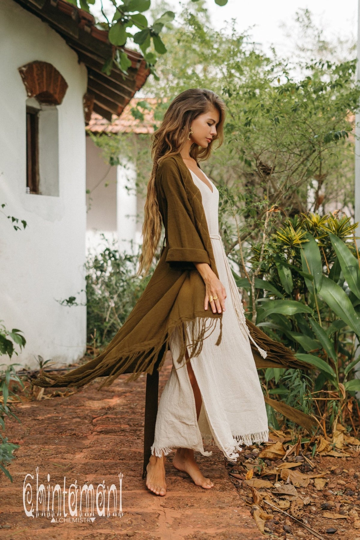 Long Fringe Kimono Wrap Cardigan for Women / Aroha Tino Brown - ChintamaniAlchemi