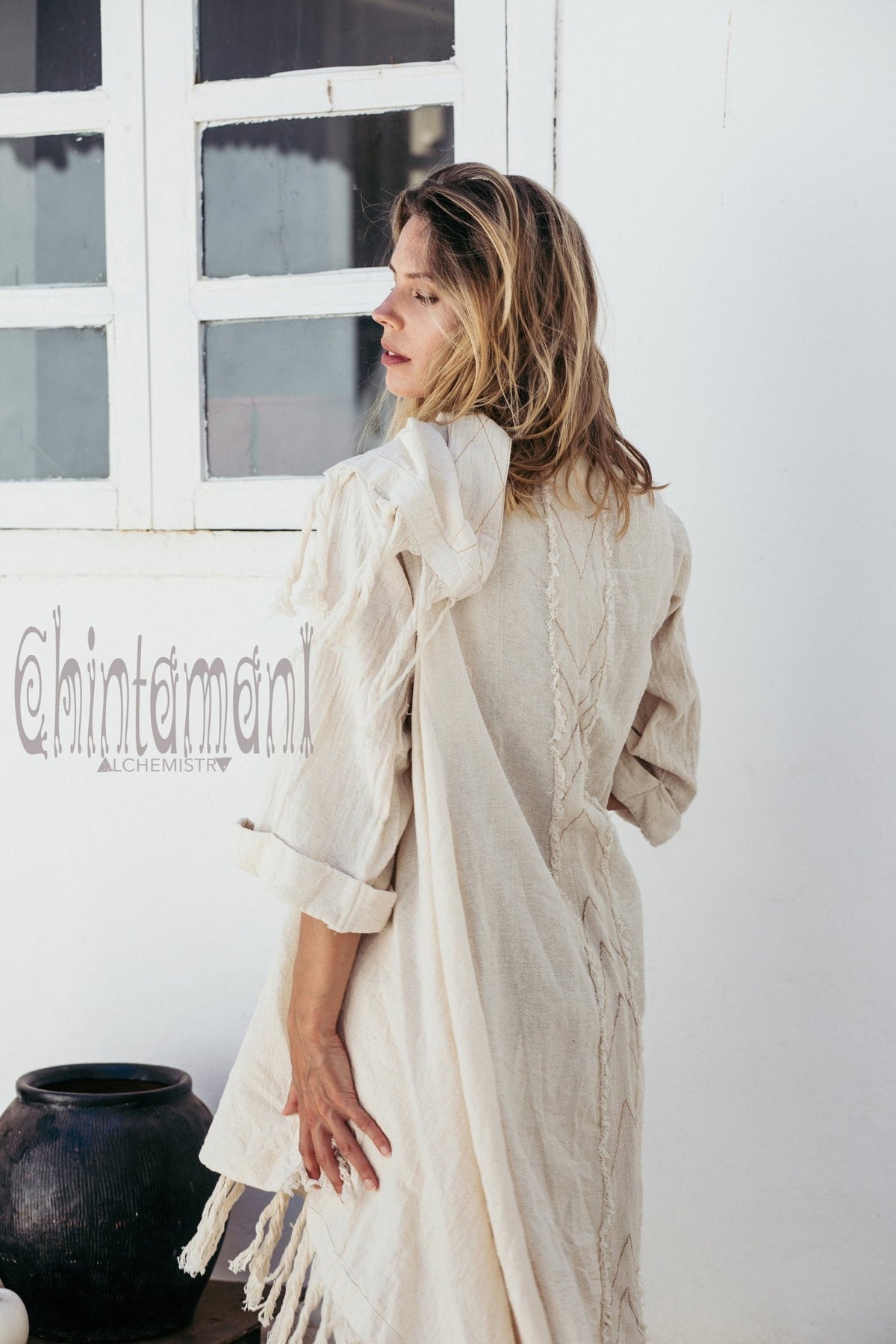 Long Fringe Kimono Wrap Cardigan for Women / Aroha Tino Off White - ChintamaniAlchemi