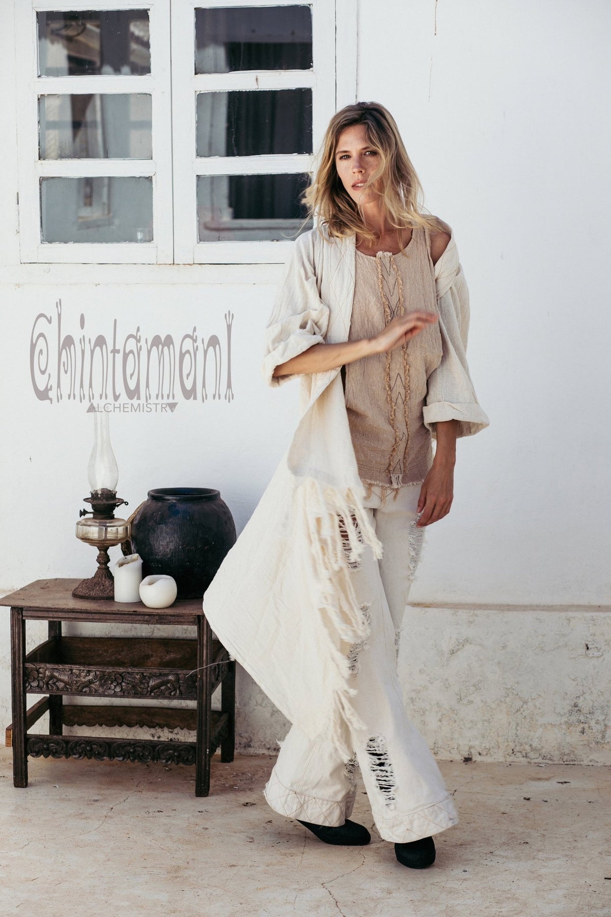 Long Fringe Kimono Wrap Cardigan for Women / Aroha Tino Off White - ChintamaniAlchemi