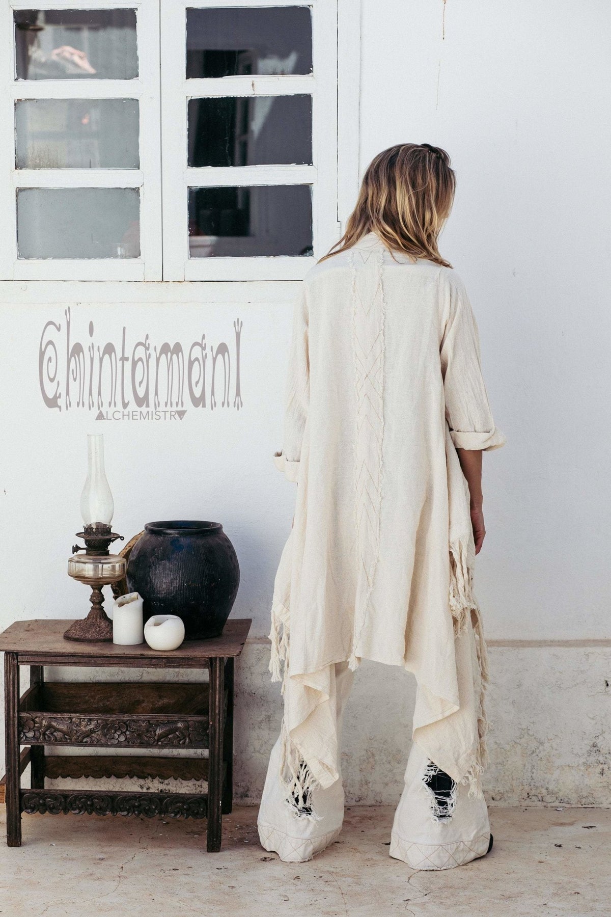 Long Fringe Kimono Wrap Cardigan for Women / Aroha Tino Off White - ChintamaniAlchemi