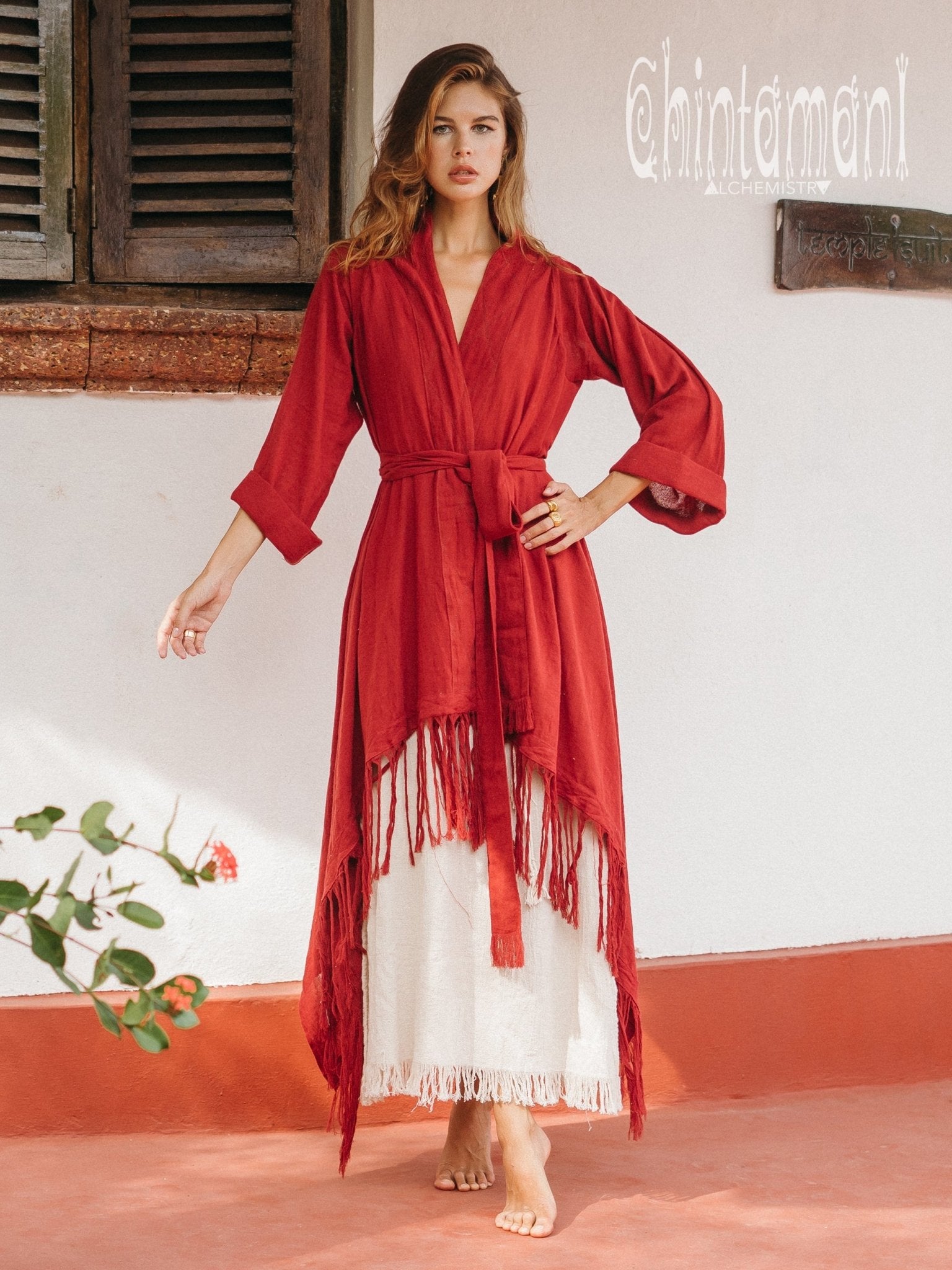 Long Fringe Kimono Wrap Cardigan for Women / Aroha Tino Red Ochre - ChintamaniAlchemi