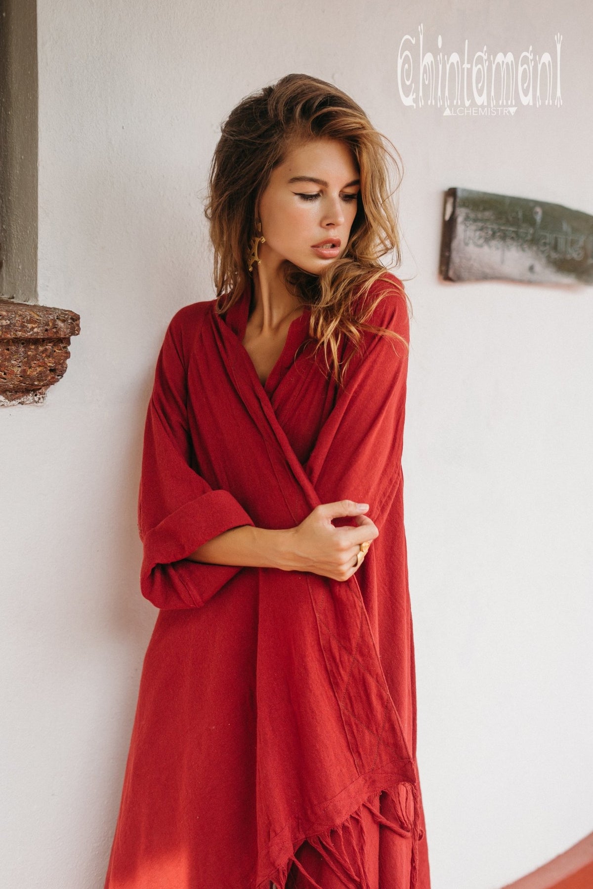 Long Fringe Kimono Wrap Cardigan for Women / Aroha Tino Red Ochre - ChintamaniAlchemi