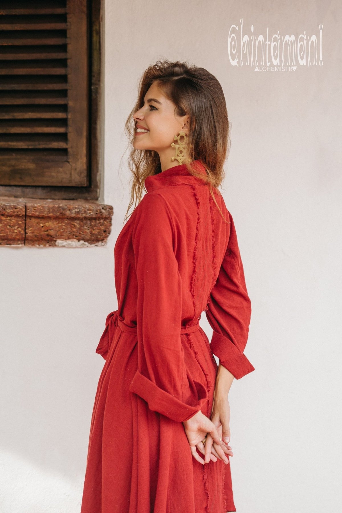 Long Fringe Kimono Wrap Cardigan for Women / Aroha Tino Red Ochre - ChintamaniAlchemi