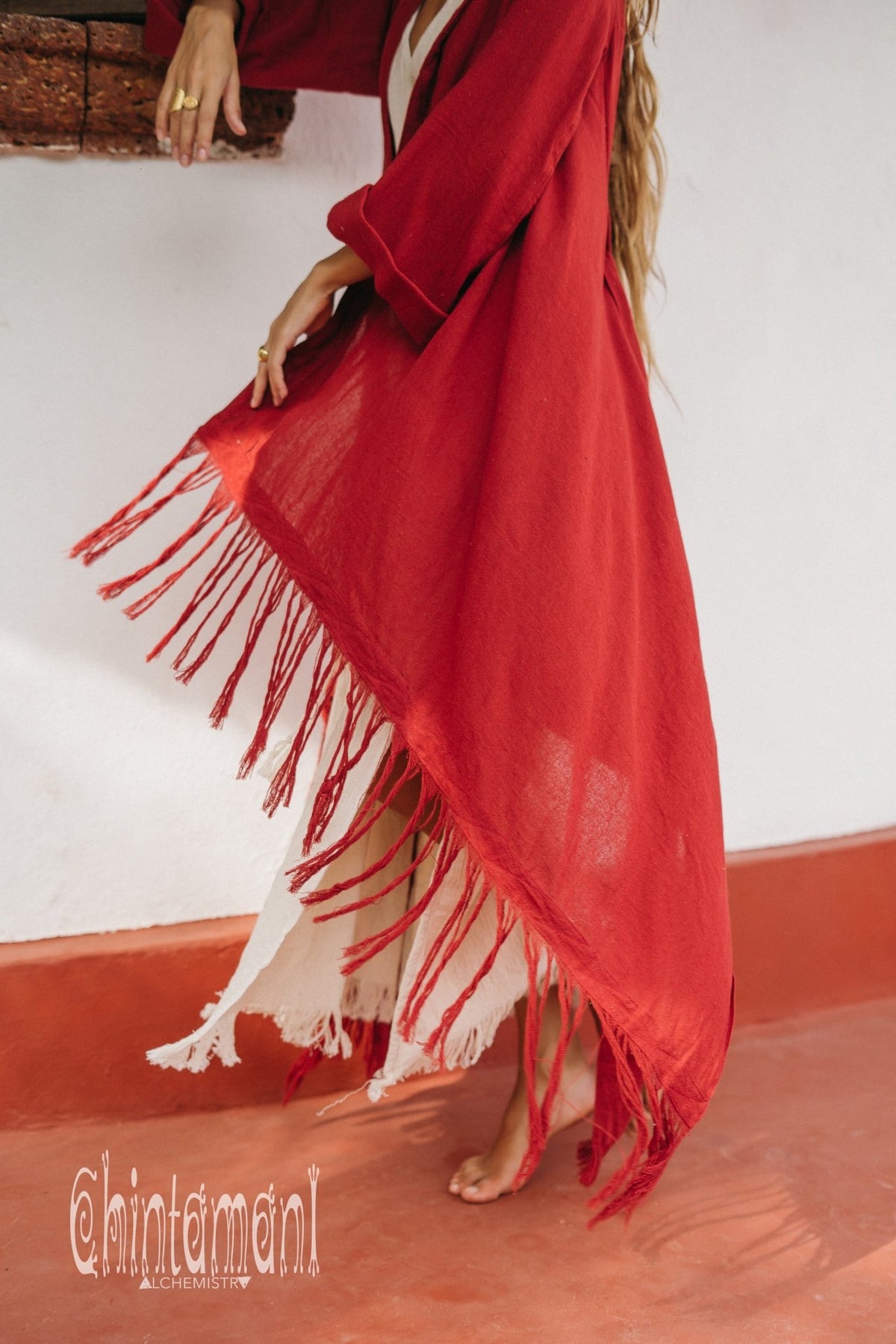 Long Fringe Kimono Wrap Cardigan for Women / Aroha Tino Red Ochre - ChintamaniAlchemi