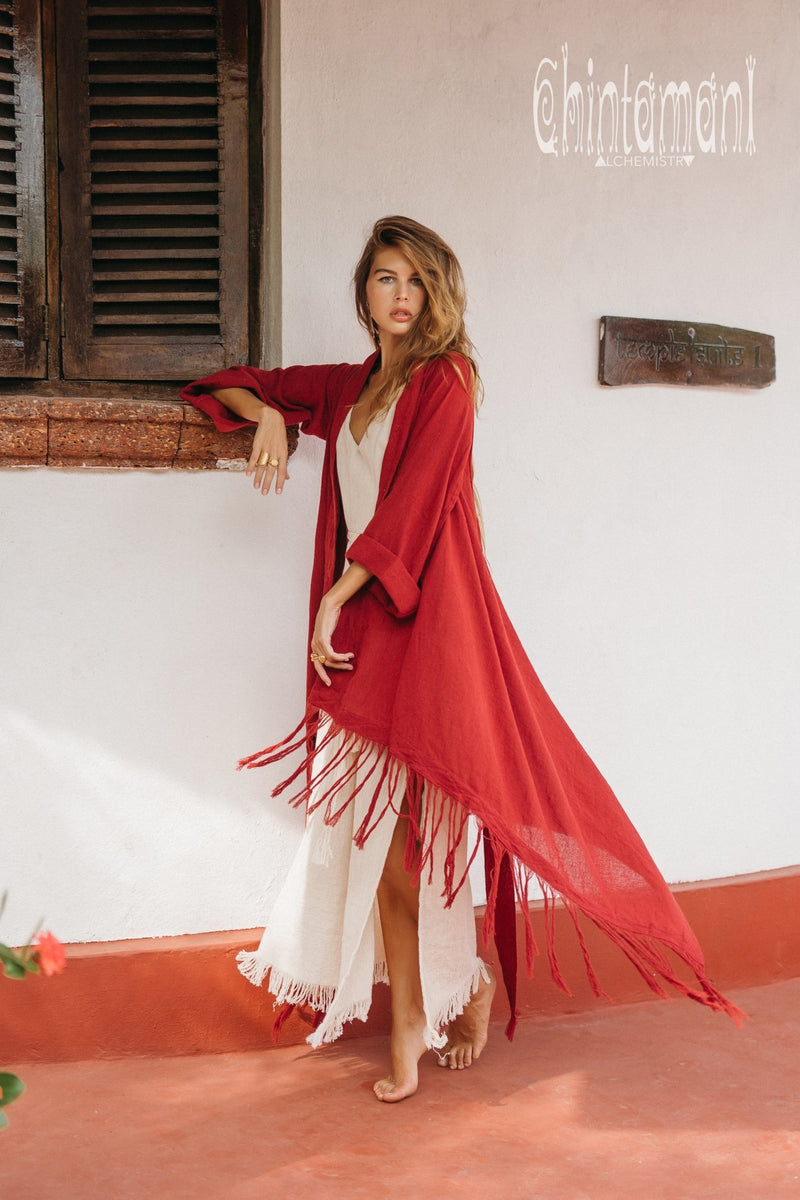 Long Fringe Kimono Wrap Cardigan for Women / Aroha Tino Red Ochre - ChintamaniAlchemi