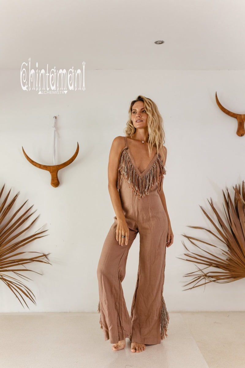 Long Linen Boho Jumpsuit with Fringes for Women / Vneck Overalls / Dusty Pink - ChintamaniAlchemi