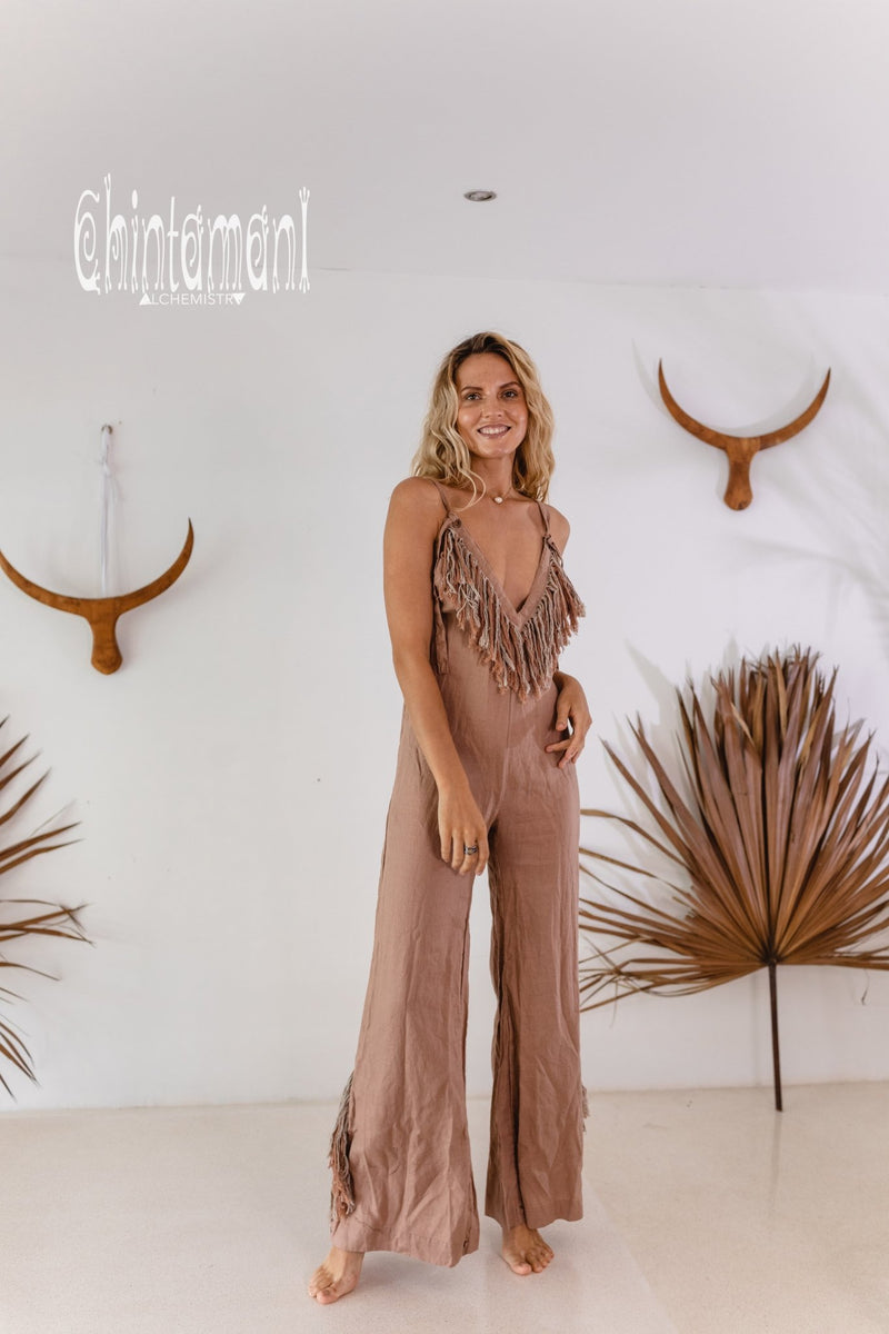 Long Linen Boho Jumpsuit with Fringes for Women / Vneck Overalls / Dusty Pink - ChintamaniAlchemi
