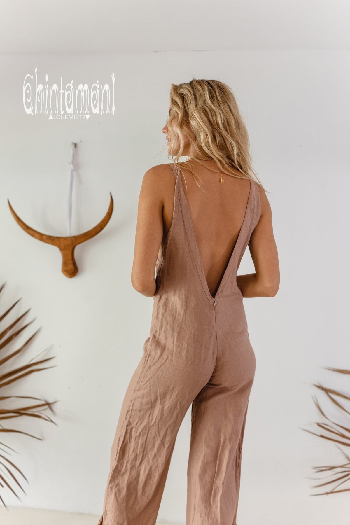 Long Linen Boho Jumpsuit with Fringes for Women / Vneck Overalls / Dusty Pink - ChintamaniAlchemi