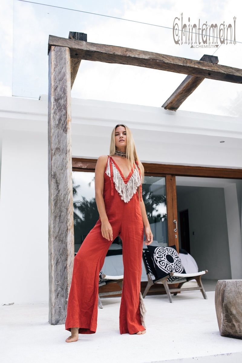 Long Linen Boho Jumpsuit with Fringes for Women / Vneck Overalls / Red Ochre - ChintamaniAlchemi