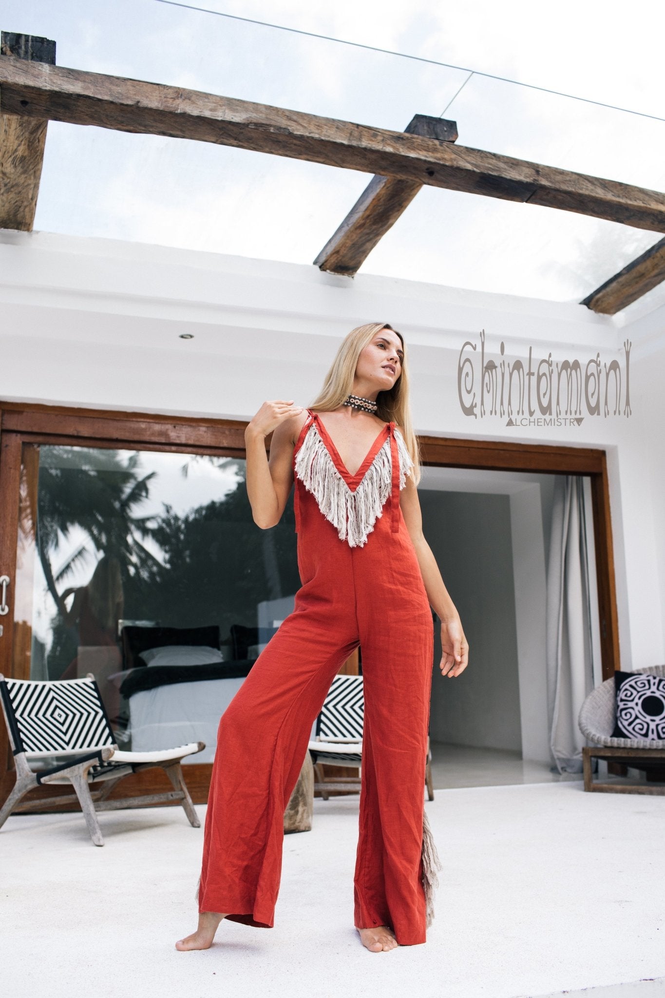 Long Linen Boho Jumpsuit with Fringes for Women / Vneck Overalls / Red –  ChintamaniAlchemi