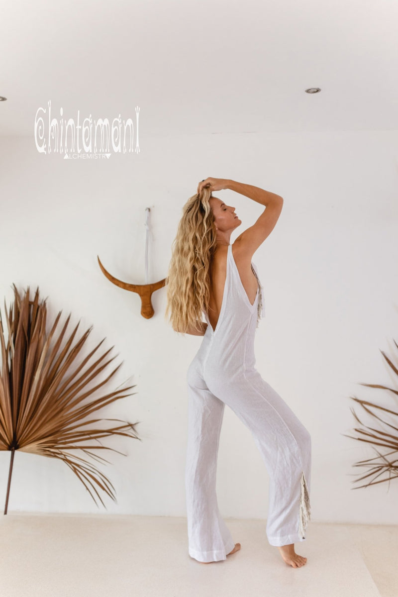 Long Linen Boho Jumpsuit with Fringes for Women / Vneck Overalls / White - ChintamaniAlchemi