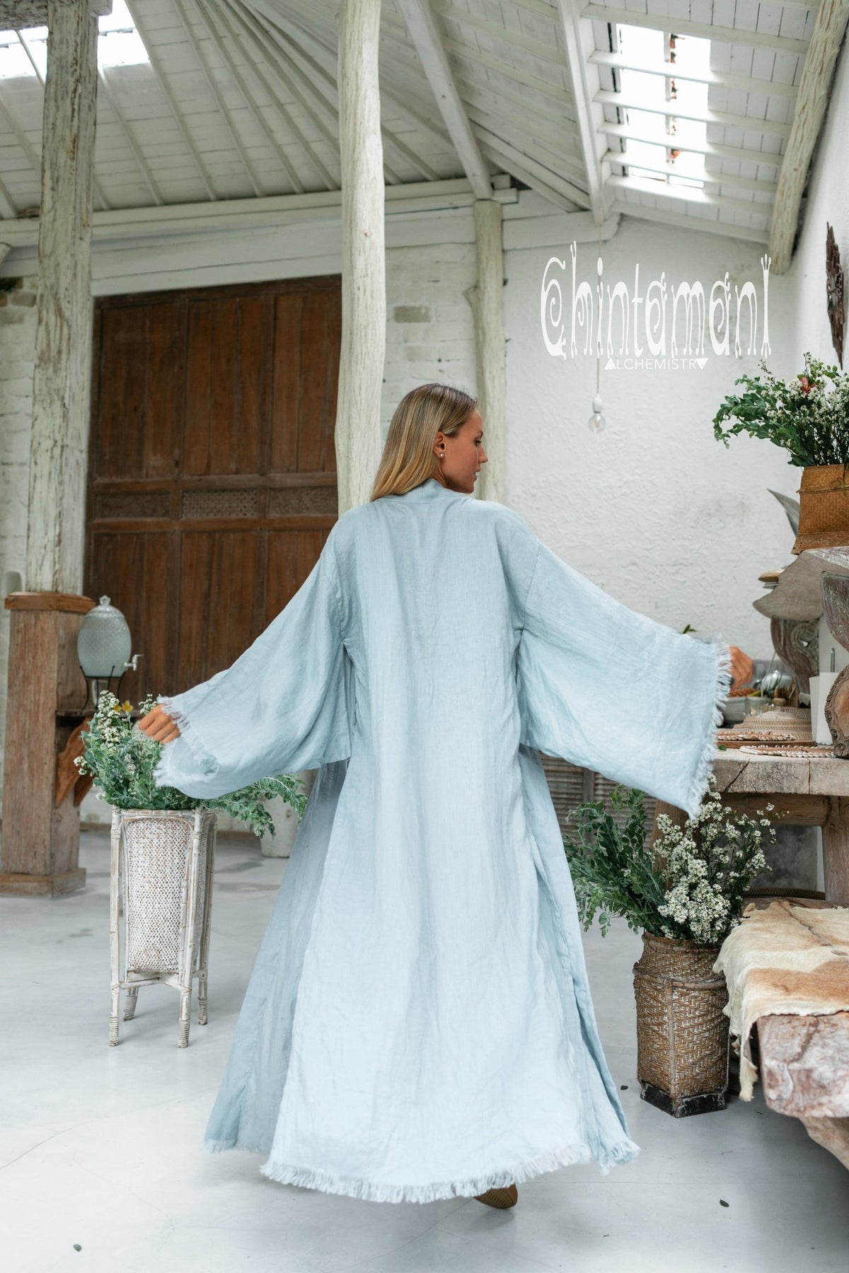 Long Linen Japanese Kimono for Women / Blue - ChintamaniAlchemi