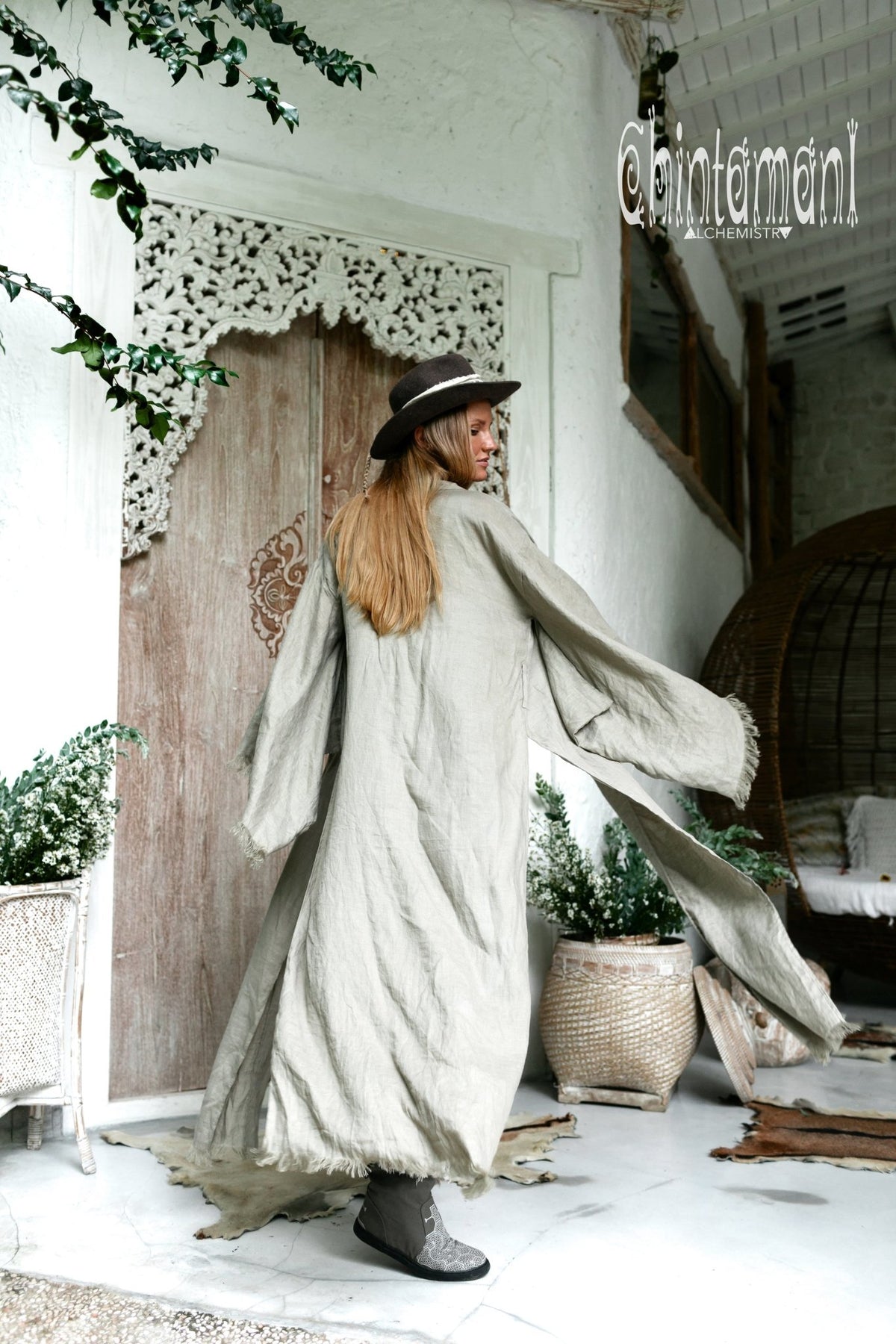 Long Linen Japanese Kimono for Women / Sage Green - ChintamaniAlchemi